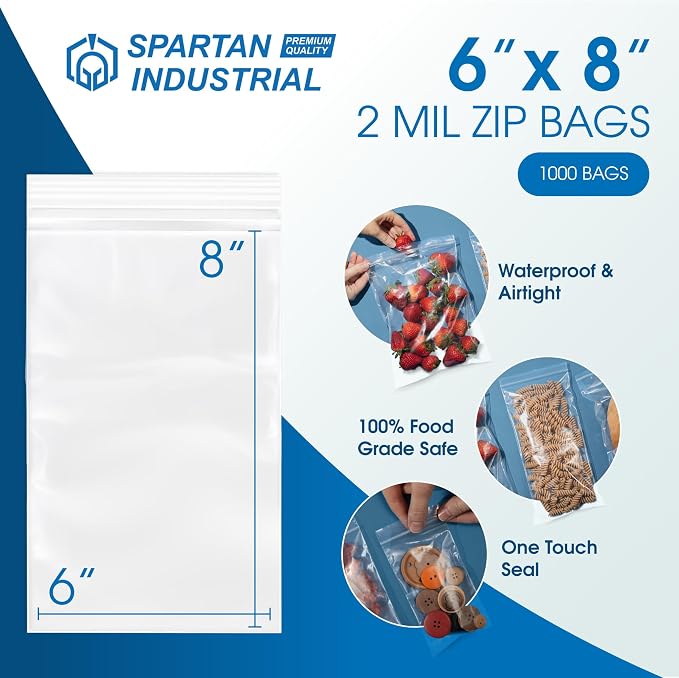 Spartan Industrial - 6” X 8” (1000 Count) 2 Mil Clear Reclosable Zip Plastic Poly Bags with Resealable Lock Seal Zipper