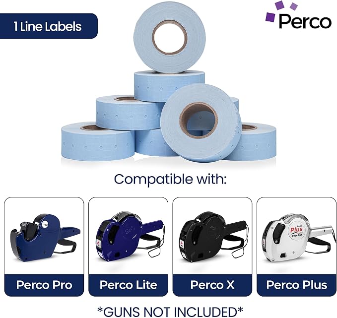 Perco 1 Line Blue Labels - 80,000 Blank Price and Date Gun Labels for Perco Lite, X, Plus and Pro 1 Line Price and Date Guns - 80 Rolls, 10 Sleeves - Made in USA