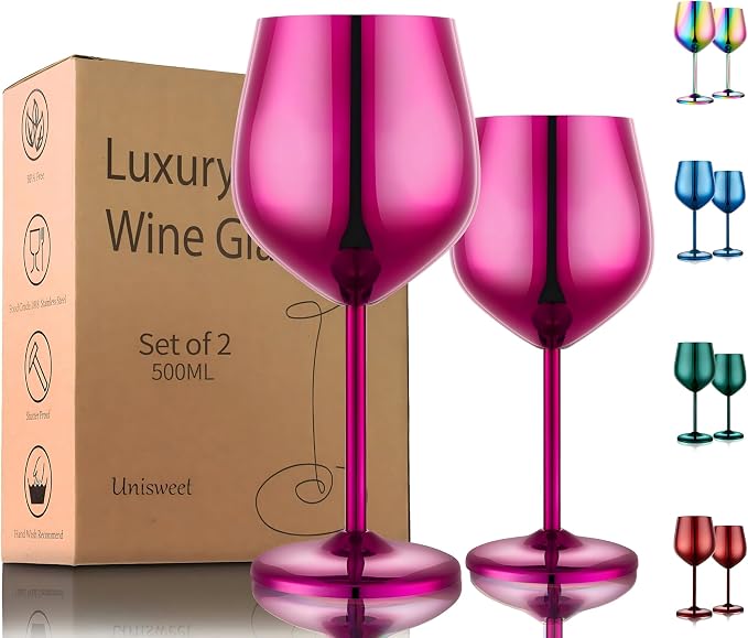 UNISWEET Unbreakable Stainless Steel Wine Glasses Set of 2, Purple | 17oz Unique Fancy Metal Wine Goblets, Shatterproof, Ideal for Outdoor, Camping, Travel, Pool, Great Gift for Wine Lovers