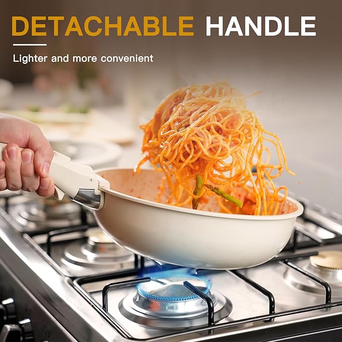 Astercook 21 Pcs Pots and Pans Set Non Stick, Ceramic Cookware Set Detachable Handle, RV Kitchen Cooking Set Removable Handles, Oven Safe, Induction Ready, Stackable, Cream, Fathers Day Gift for Men