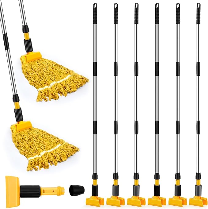 Thyle 6 Pack Stainless Steel Commercial Mop Handle for Floor Cleaning, 3 Section Replaceable Mop Stick Replacement with Jaw Clamp, Heavy Duty Replacement Pole for Home Garage Office, 55 Inch