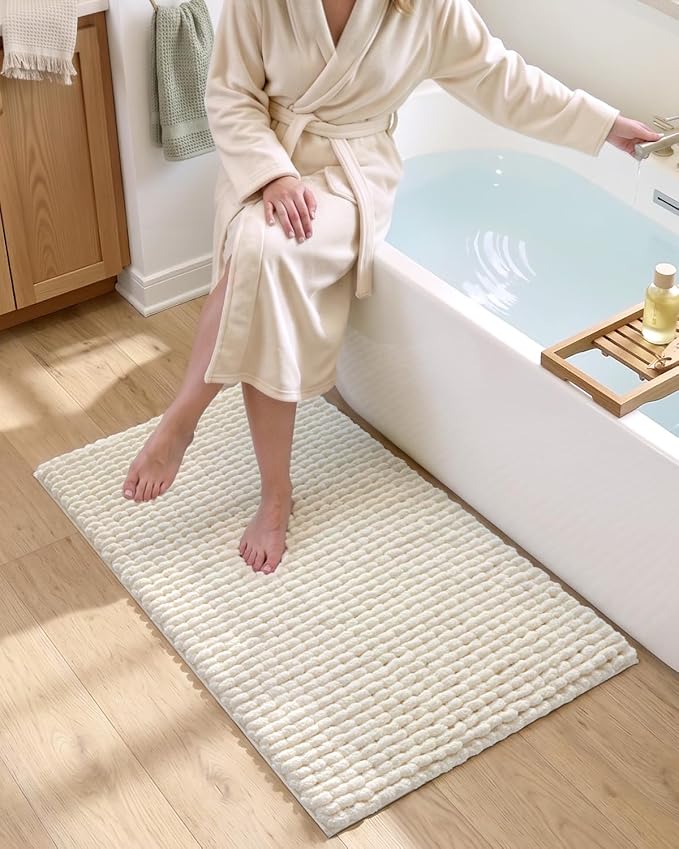 DEXI Bathroom Rugs 43x24, Non Slip Washable Bath Mat, Luxury Chenille Super Absorbent Ultra Thick Bathmats for Shower Floor, Plush Fluffy Shaggy Carpet for Tub, Cream