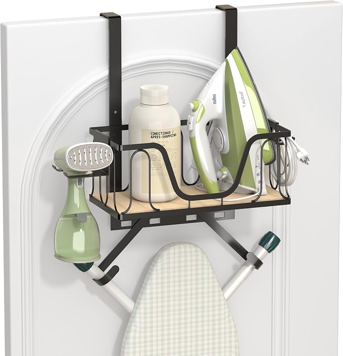 Ironing Board Hanger, 2 in 1 Wall-Mount & Over the Door with High-Sided Basket and Side Hooks, Fits T and Y Shaped Legs, Space Saving Iron Holder for Laundry, Sewing Room Decor and Accessories,Black