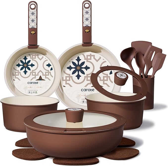 CAROTE 19Pcs Ceramic Cookware Set, Pots and Pans Set Non stick, Non Toxic Cookware Detachable Handle, Kitchen Cooking Set - Induction Cookware, Dishwasher/Oven Safe, PFAS Free, Chocolate