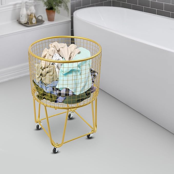 Rolling Laundry Hamper with Wheels Metal Wire Laundry Basket Cart Heavy Duty Clothes Toy Sundries Storage Organize Hamper Bin for Living Room Bathroom Closet Bedroom (Gold, Round 1)