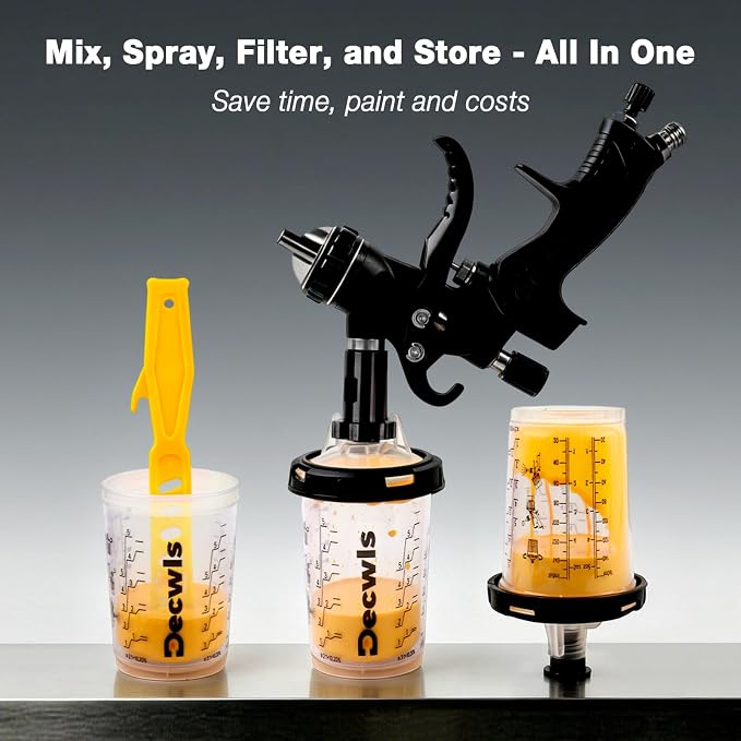 Disposable Paint Cups 6 Ounce Kit - 50 Pack Liners & 125-Micron Lids | 2 Adapters, 2 Paint Gun Cups with Retainer Ring, 20 Plugs, 1 Paint Stirrer, 1 PTFE Tape for Hvlp/Lvlp Spray Gun