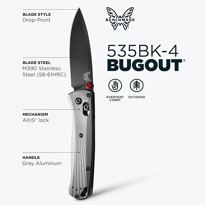 Benchmade Bugout EDC Knife, M390 Steel Blade (535BK-4) | Gray Aluminum handle, Drop-Point blade