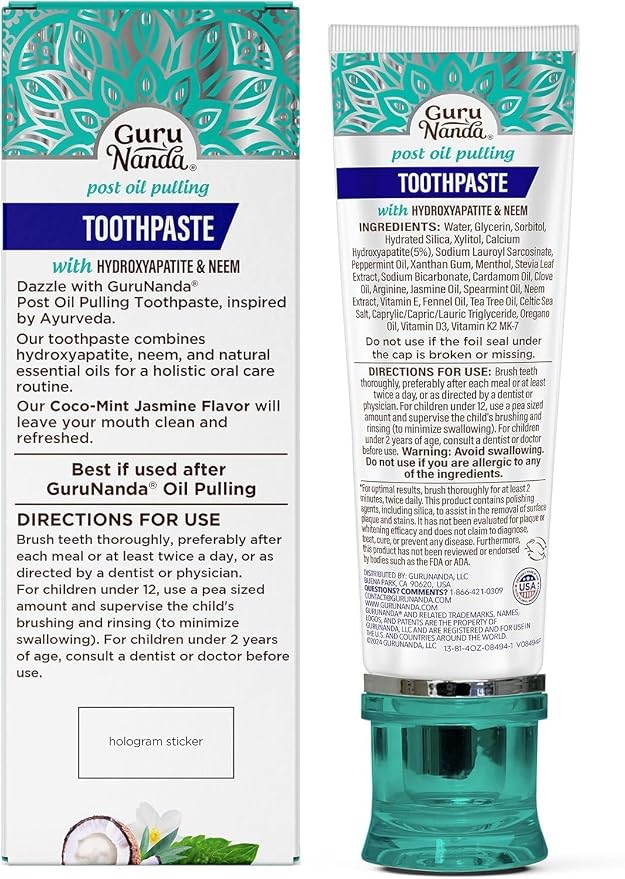 GuruNanda Hydroxyapatite Toothpaste for Whitening with Neem & Xylitol, SLS & Fluoride Free Formula with Tongue Scraper & Squeezer - Freshens Breath, Fights Plaque - Natural CocoMint Jasmine, 4.2oz