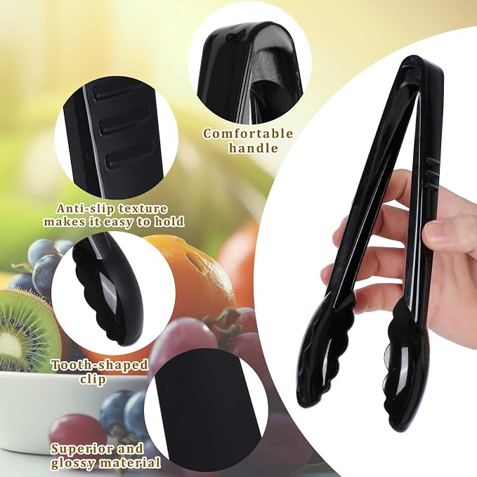 Mwellewm 12 Pc Serving Tongs 9 Inch Bulk Reusable or Disposable Plastic Tongs Heavy Duty Hard Plastic Serving Utensils Set Large Salad Tong for Kitchen Party Food Buffet Appetizer Catering(Black）