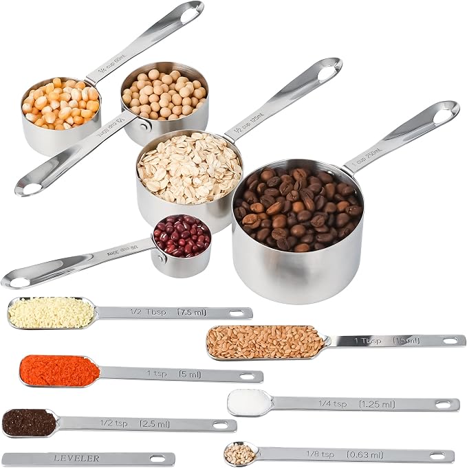 Measuring Cups and Spoons Set of 12, Stainless Steel Stackable Measuring Cups and Spoons Set With Leveler, Metal Measuring Spoons and Cups for Dry or Liquid Ingredients During Kitchen & Baking