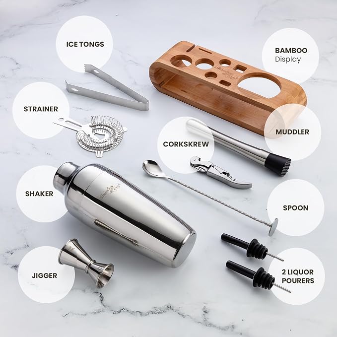 Mixology Cocktail Shaker Set - 10-Piece Cocktail Making Set - Home Bartender Kit in Bamboo Stand with Spoon, Boston Shaker, Other Tools for Drink Mixing, Martini, Mocktail - Gift Set (Silver)