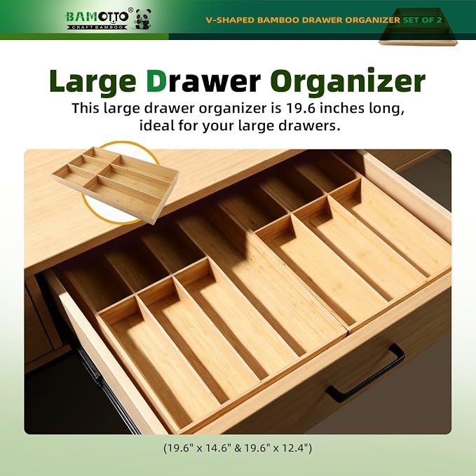 BAMOTTO CRAFTBAMBOO 13 Slot V-Shaped Bamboo Drawer Organizer Set of 2, Extra Large Cutlery Tray - Easy Reach Flatware Silverware Utensil Storage for Kitchen (19.6"x14.6" & 19.6"x12.4")