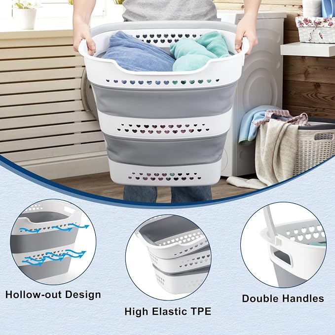 Collapsible Laundry Basket Plastic 42L Foldable Clothes Hamper for Laundry | Foldable Pop-Up Laundry Basket Hamper Space Saving Dirty Clothes Hamper Storage Container Organizer For Home & Dorm