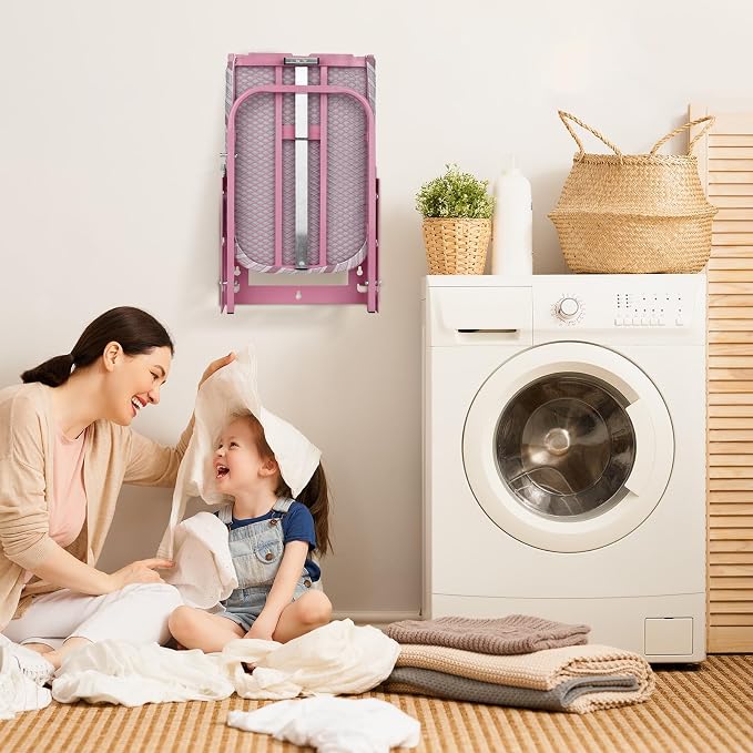 Wall Mounted Ironing Board Adjustable Height Fold Away Iron Board | 36x12 Inch Wall Mount Space-Saving Ironing Board with Removable Heat Resistant Cover for Small Spaces Home Laundry Room Pink