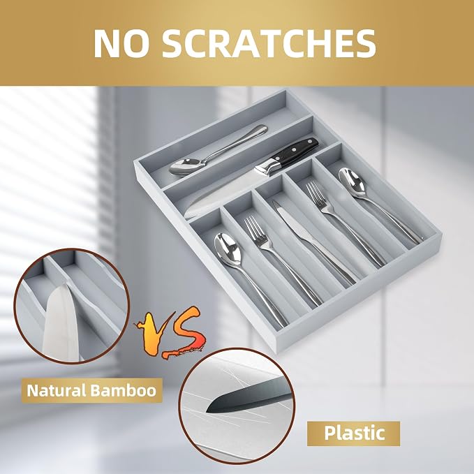 Besilord Silverware Organizer 13 Inch Gray Bamboo Kitchen Drawer Organizer 7 Slots Utensil Organizer Silverware Holder Cutlery Organizer Flatware Tray (Large)