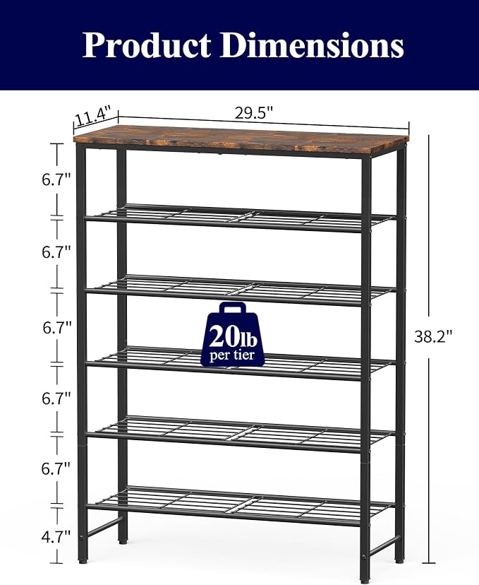 Kitsure Shoe Rack for Closet, Rustic Brown Shoe Organizer with Leveling Feet, Sturdy & Rust-Proof Shoe Storage for Entryway, Bedroom, Living Room, 29.5" x 11.4" x 38.2", Brown