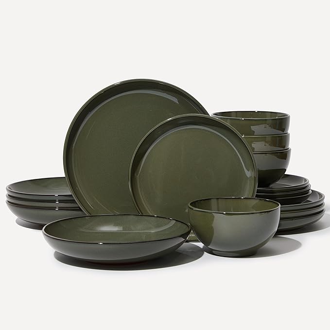 Pokini 16 Piece Double Bowl Dinnerware Sets with Pasta Bowls, Highly Chip and Crack Resistant Plates and Bowls Sets, Natural Earthyware Ceramic Dishware Sets, Service for 4 Blackish Green