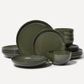 Pokini 16 Piece Double Bowl Dinnerware Sets with Pasta Bowls, Highly Chip and Crack Resistant Plates and Bowls Sets, Natural Earthyware Ceramic Dishware Sets, Service for 4 Blackish Green