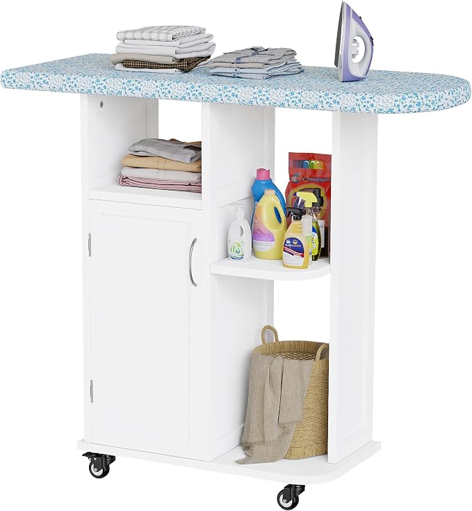 Rolling Ironing Board with Storage Cabinet, Small Ironing Table with Wheels | Ironing Board Cabinet with Fixed Heat-Resistant Pad, Ironing Table with Storage Shelves for Small Space, Laundry, Craft Room