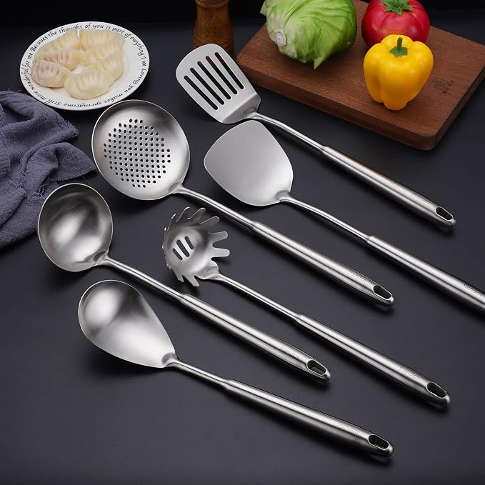 6 PCS All Metal Cooking Utensils Set - 18/10 Stainless Steel Kitchen Tools | Professional Cooking Spoons Set, 15" Spatula, Ladle, Skimmer Spoon, Pasta Serve, Large Spoon, Slotted Spatula Turner