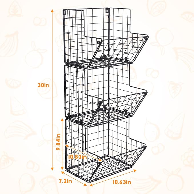 X-cosrack Metal Wire Basket Wall Mount, 3 Tier Wall Storage Organizer with 5 S Hooks, Kitchen Fruits and Vegetables Bin Toys Organizer Hanging Basket Black (S (10.83" L x 10.63" W x 30" H))