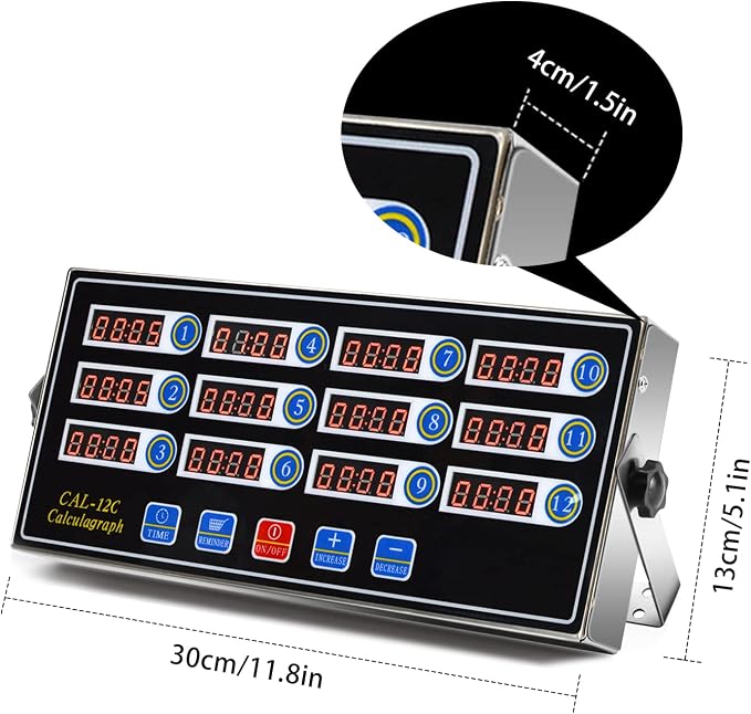 Commercial 12 Channel Kitchen Timer Digital Restaurant Timers Professional LED Adjustable Alarm Cooking Reminder