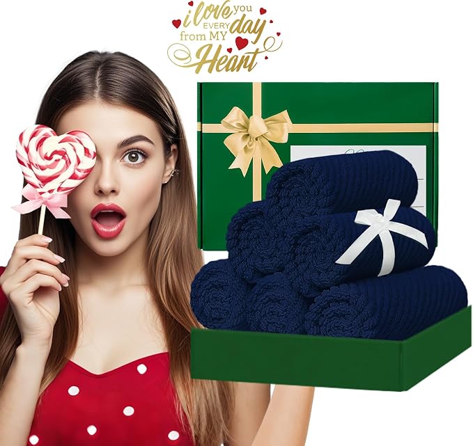 VOOVA & MOVAS Wash Cloths 6PC, 100% Cotton, 13x13 in, Navy Blue | Thick, Quick Dry, Soft, Absorbent, Wash Cloths For Bathroom & Showering, Towel Gift Set