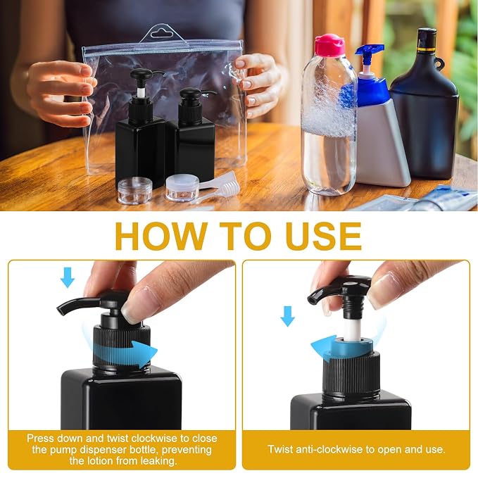 Domensi 6 Pcs 100ml /3.4 oz Pump Bottle Mini Travel Bottles Small Dispenser Containers Plastic Pump Lotion Dispenser Empty Square Travel Size Containers Toiletries (Whole Black)