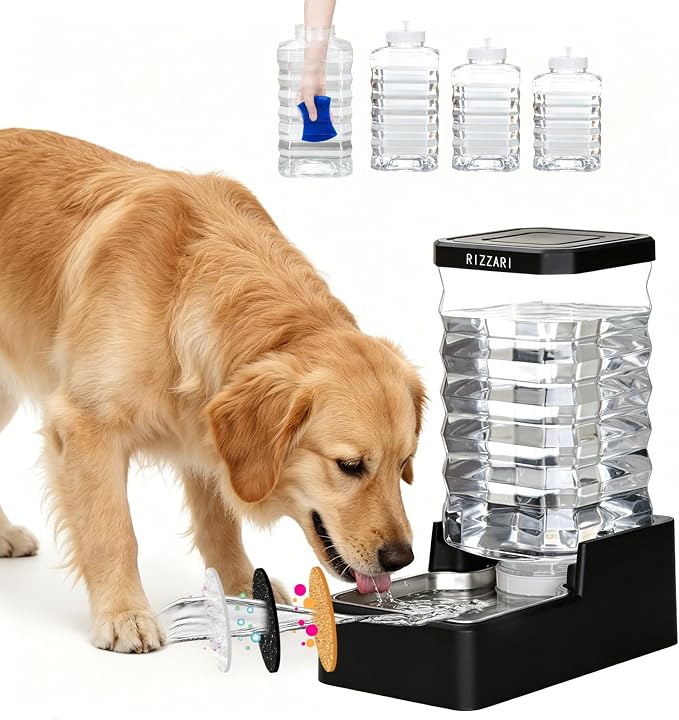 RIZZARI 10L Dog Water Bowl Dispenser:Large Capacity for Multiple Dogs | With Replaceable Filter/Wide Mouth For Easy Cleaning/Dishwasher Safe Bowl Design/No Electricity/Indoor & Outdoor Use