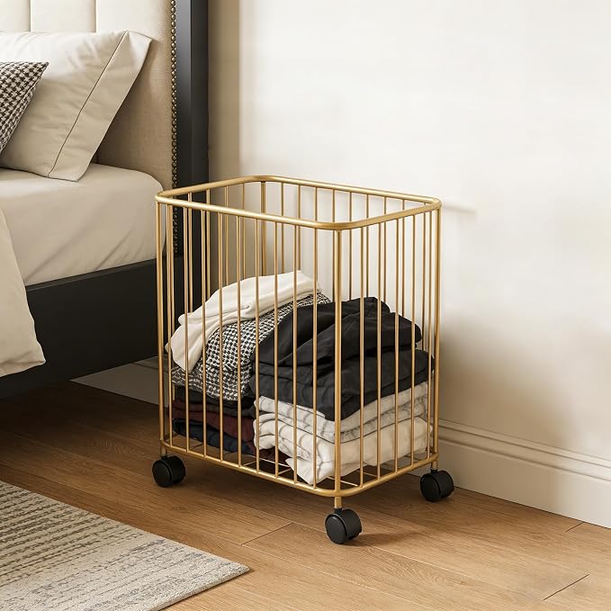 Gold Laundry Basket, Metal Laundry Hamper with Wheels, Rolling Storage Cart, Large Capacity Clothes Organizer, 77Lbs Load, Modern Hollow Design for Bedroom, Bathroom, 15.7x9.8x15.7In