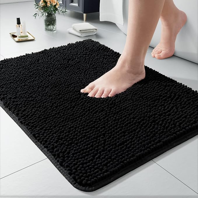 LOCHAS Luxury Bathroom Rug Shaggy Bath Mat 24 x 17 Inch, Black | Washable Non Slip Bath Rugs for Bathroom Shower, Soft Plush Chenille Absorbent Carpets