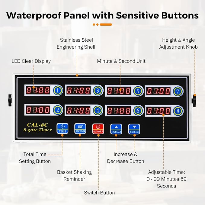 BEAMNOVA 8-Channel Digital Kitchen Timer, Commercial Timer for Restaurant, Food Timer for Cooking, Fryer Reminder, Adjustable Loud Alarm, Stainless Steel