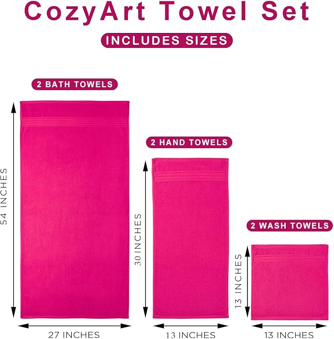COZYART Luxury Bath Towel Set 6 Pcs, Hot Pink 100% Turkish Cotton 650 GSM | OEKO-Tex 100 Certified Zero Twist Ring Spun, Soft Absorbent Quick Dry, Plush Fluffy, Breathable Hotel Quality for Daily Use
