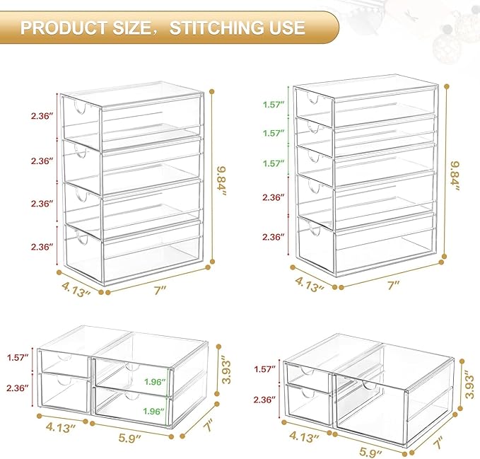 caktraie Makeup Organizer Storage With 16 Drawers, 4 Pcs Desktop Office Supplies, Desk Organizers, Clear Accessories, Dustproof Storage Drawer and for Make Up, Jewelry, Pen, Stationary