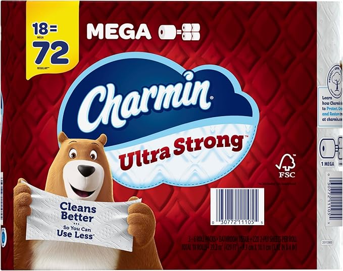 Charmin Ultra Strong Toilet Paper Mega Rolls, 4" x 3-15/16", White, 220 Sheets Per Roll, Pack Of 18 Mega Rolls