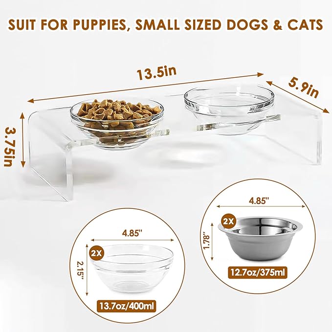Feoyoho Elevated Acrylic Pet Bowl Stand – Raised Cat & Dog Bowls with 2 Glass & 2 Stainless Steel Bowls, Modern Clear Design, Non-Slip, Easy to Clean, Perfect for Small Pets, 3.75" Tall