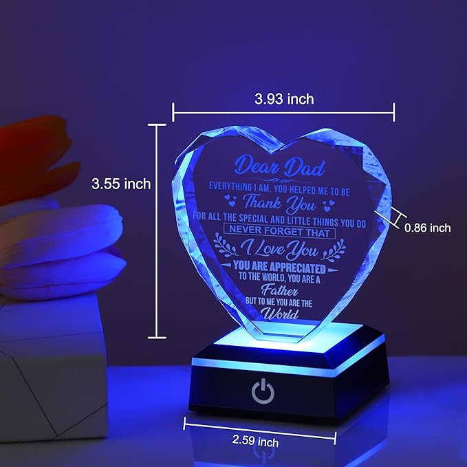 ZHSHWAT Dad Crystal Night Light, Engraved Heart LED Color Changing Lamp, Father’s Day Birthday Gift for Dad from Daughter Son