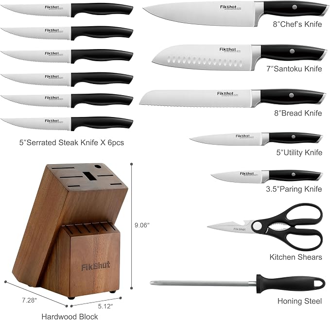 Fikshot Knife Set, German Stainless Steel, Black, 14-Piece kitchen knives | Full Tang Handle, Ultra-Sharp, Knife Block & Sharpener Included, Rust-Resistant, Dishwasher-Safe, Gift for Chefs, BBQ Prep