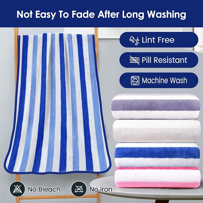 JML Bath Towels Set, 2 Pack, 30" x 60", Cabana Stripe Blue | Hanging Loop, Lint Free, Oversized, Soft, Super Absorbent,Fast Drying, Perfect for Shower, Sauna, Gym, Sports, Fitness, Yoga
