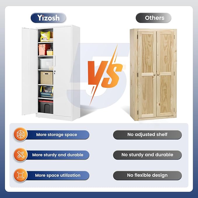 Metal Garage Storage Cabinet with 2 Doors and 5 Adjustable Shelves - 71" Steel Lockable File Cabinet,Locking Tool Cabinets for Office,Home,Garage,Gym,School (White)