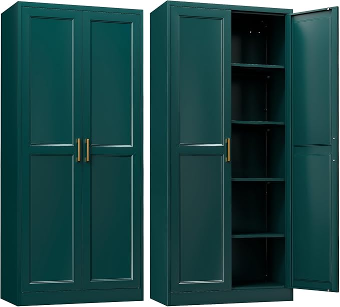Steeloong 71"Metal Pantry Storage Cabinet with Doors & 4 Adjustable Shelves | Kitchen Pantry Cabinet,Green Kitchen Cabinet with 2 Gold Handles,Tall Cabinet for Livingroom,Pantry, Bathroom,Kitchen