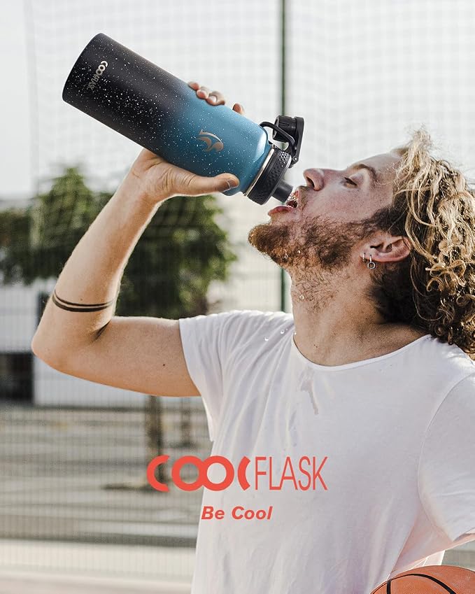 Coolflask Water Bottle 40 oz Insulated with Straw, Stainless Steel Metal 3 Lids Water Flask for Sports or Office, Keep Cold 48H Hot 24H, Turquoise