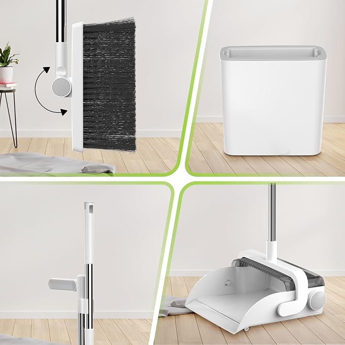 DustDockPro: Broom and Dustpan Set with Trashcan - Long Handle Upright Dust Pan with Teeth Comb, Angled Bristles for Pet Hair Removal, Compact Cleaning Kit for Kitchen Home Tiles Hard Floors