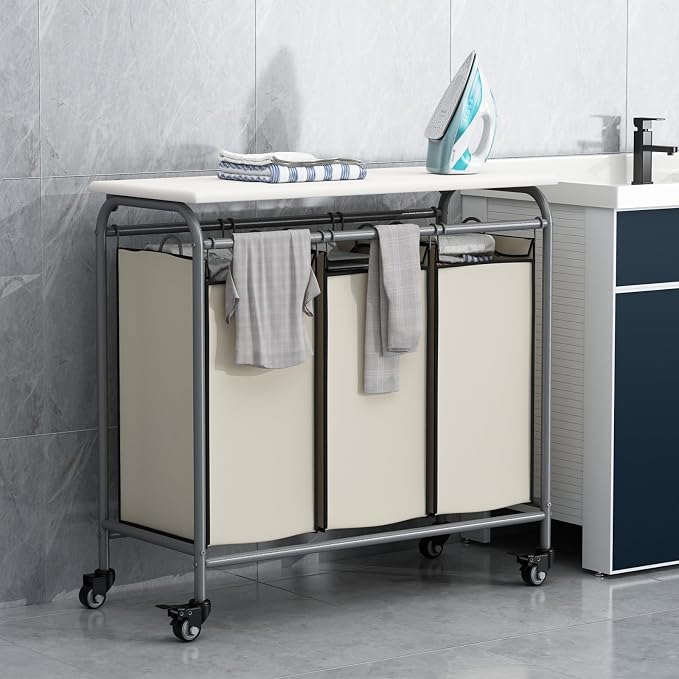 LINZINAR 3-Bag Laundry Hamper with Ironing Board, Beige 135L Laundry Sorter | Laundry Room Organization with Heavy Duty Rolling Lockable Wheels and Removable Bag, Bedroom Laundry Cart for Clothes Storage