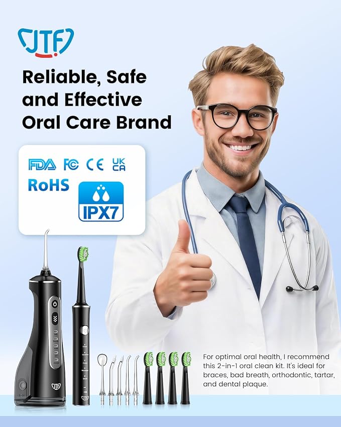 JTF Electric Toothbrush & Water Flosser Combo, 2-1 Portable Oral Clean Kit | Effective Yet Gentle Brushing & Flossing, Multiple Modes for Braces & Sensitive Teeth Care, Cordless for Home Travel, Black