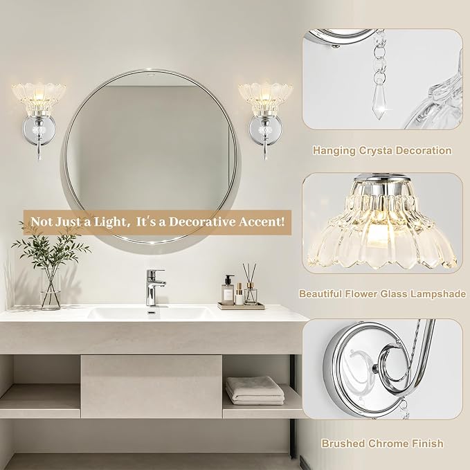 1 Piece Brushed Chrome Finish Wall Sconce, 1-Light Modern Wall Sconce with Hanging Crystal Accents and Flower-Shaped Clear Shades for Bathroom Bedroom Living Room,Modern Vanity Light