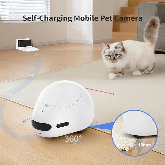 Pet Camera Robot with Treat Dispenser, Moving Cat Camera for Cats & Dogs, Remote Control Pet Monitor with 1080P HD Video, Two-Way Audio, Night Vision, Laser Toy, Auto Recharge & App Control