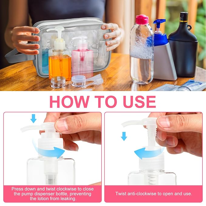 Domensi 24 Pcs 100ml /3.4 oz Pump Bottle Mini Travel Bottles Small Dispenser Containers Plastic Pump Lotion Dispenser Empty Square Travel Size Containers Toiletries (Multicolor)