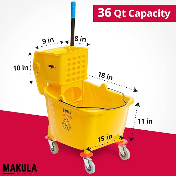 Makula Commercial Mop Bucket with Wringer, 36 Qt Heavy Duty Janitor Mop Bucket with Wheels, Side Press Wringer Combo, Industrial Cleaning Bucket for Restaurants, Schools & Commercial Floors
