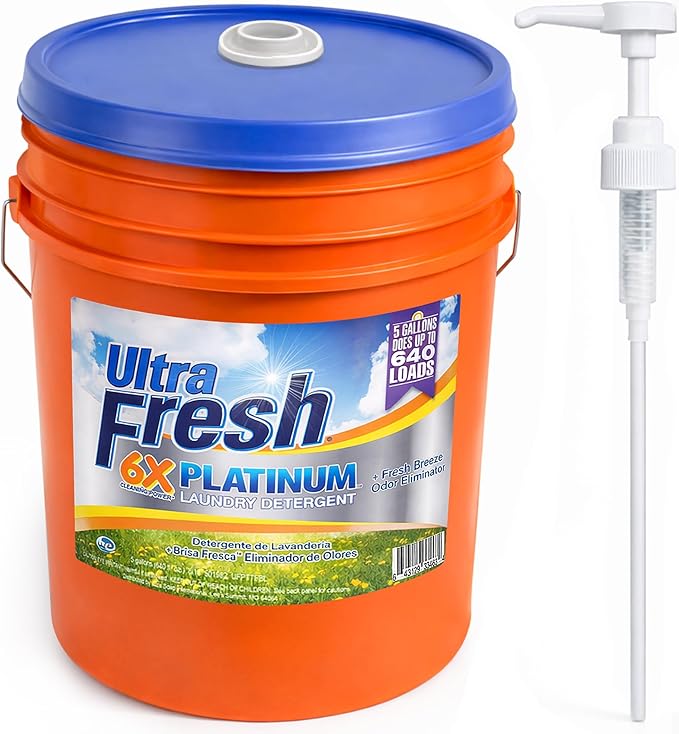 Ultra Fresh 5 Gallon Liquid Laundry Detergent Washing Soap for All Machine Types, 6X Platinum, Up to 640 Loads, Fresh Breeze